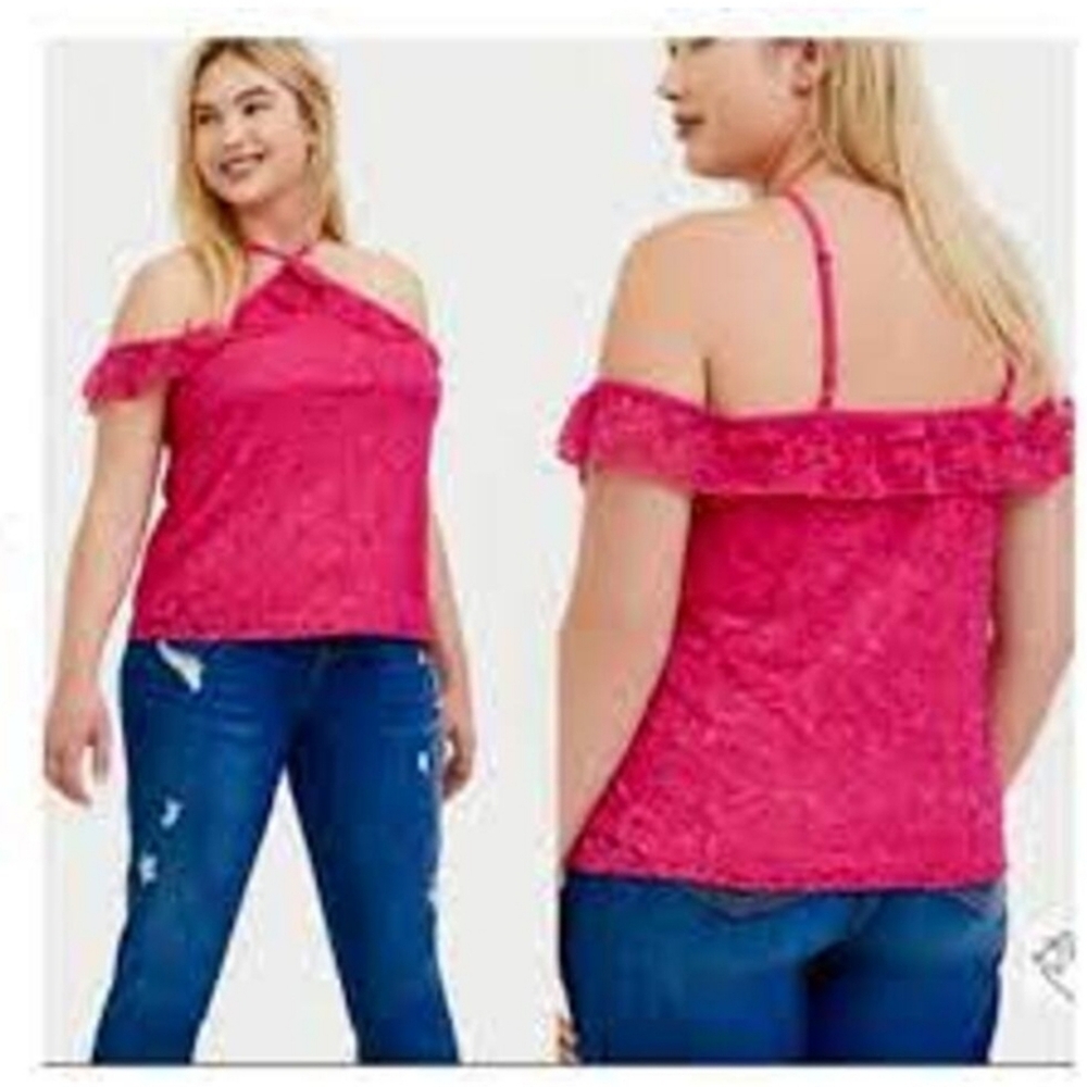 NEW Torrid Candy Pink Ruffle Top Halter Cold Shoulder Lace Barbiecore Size 2 - Picture 2 of 6